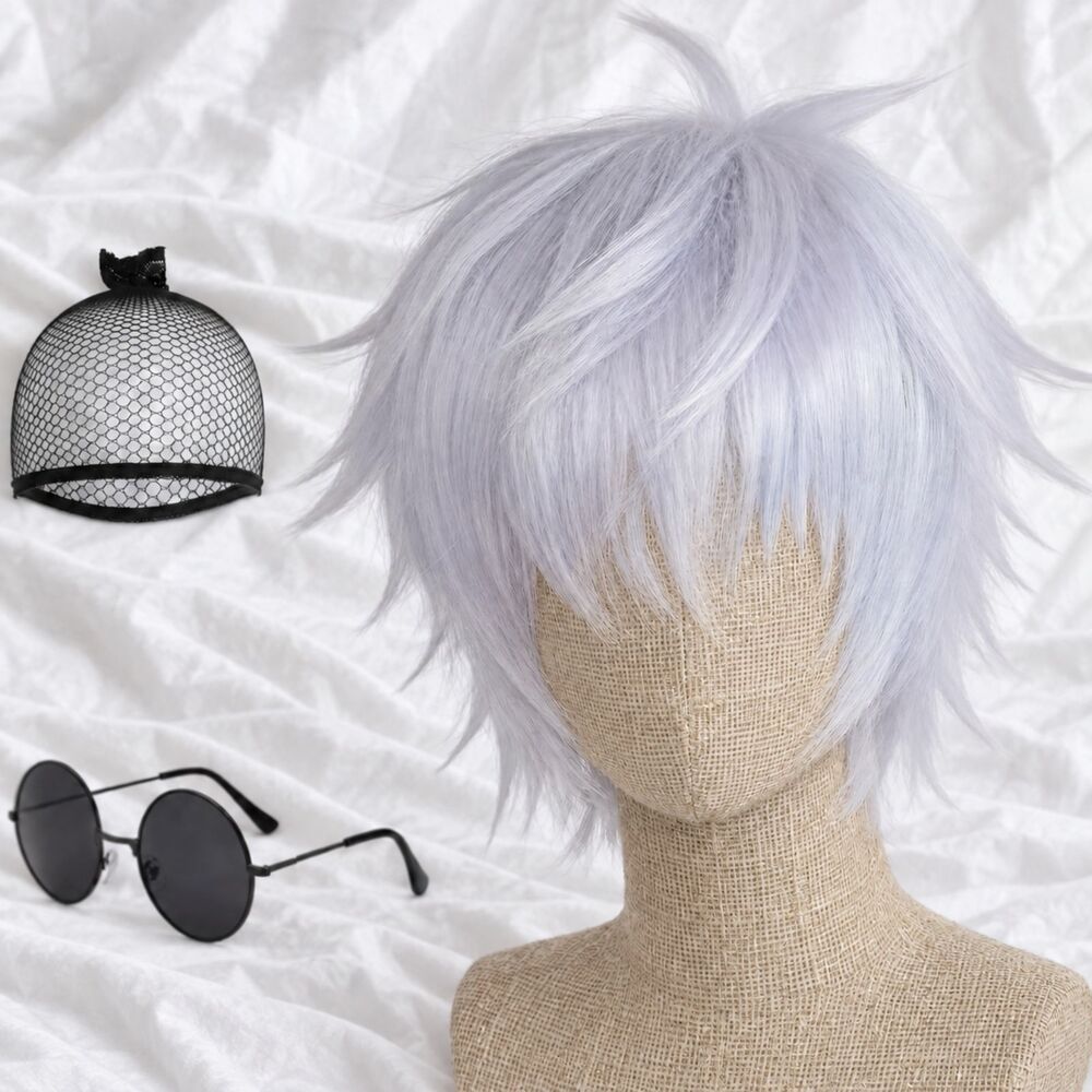 Silver Gray Spiky Anime Cosplay Wig With Bangs + Wig Cap Halloween Costume New